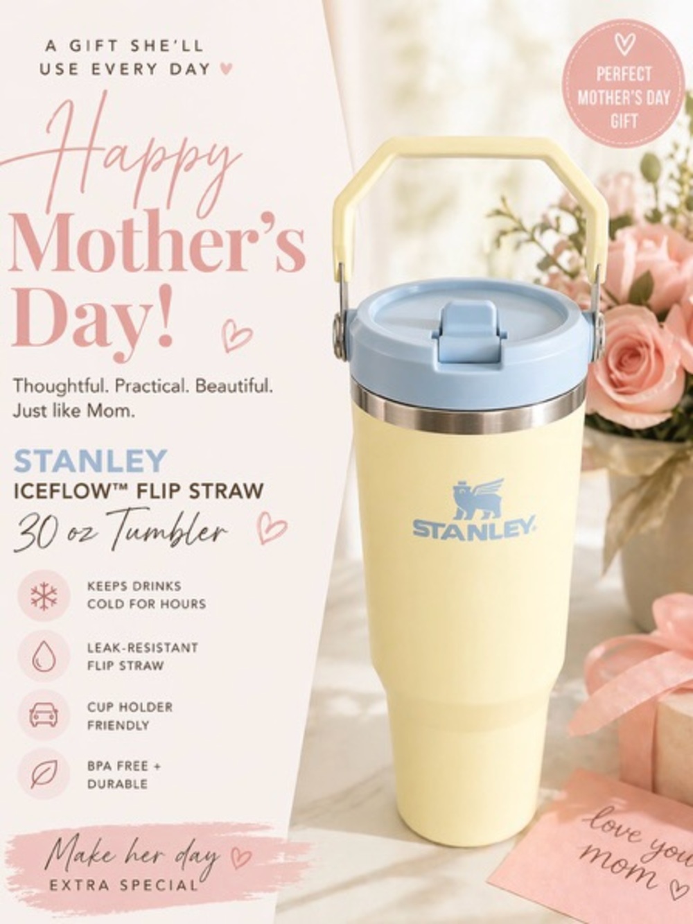 Stanley 30 oz IceFlow Tumbler in Pale Yellow with Light Blue Lid